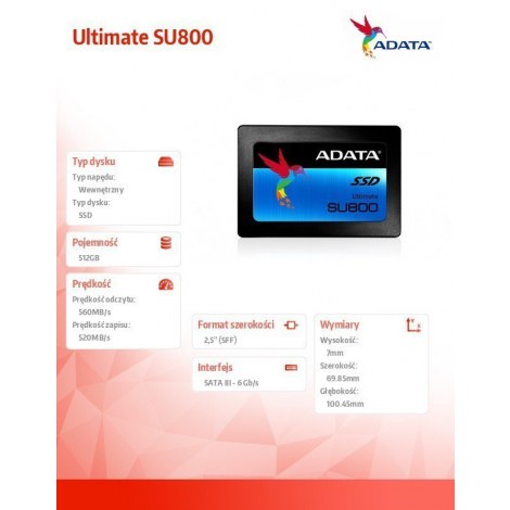 ADATA | Ultimate SU800 | 512 GB | SSD form factor 2.5"" | SSD interface SATA | Read speed 560 MB/s | Write speed 520 MB/s - 6